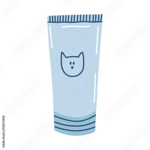 Tube with cream and cat icon in cartoon flat style. Dental hygiene for pet, gel for hairballs, nutritional supplements for healthy kittens