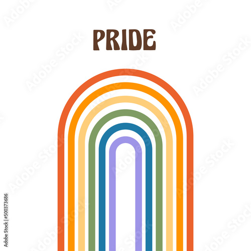 Mid century boho style rainbow for Pride Month design. Vector flat style icon of LGBT flag colored arch. Retro greeting card template or queer banner for same sex marriage. Illustration.