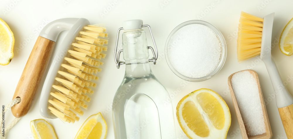 Concept of cleaning products or household cleaners, top view Concept of cleaning products or household cleaners, top view