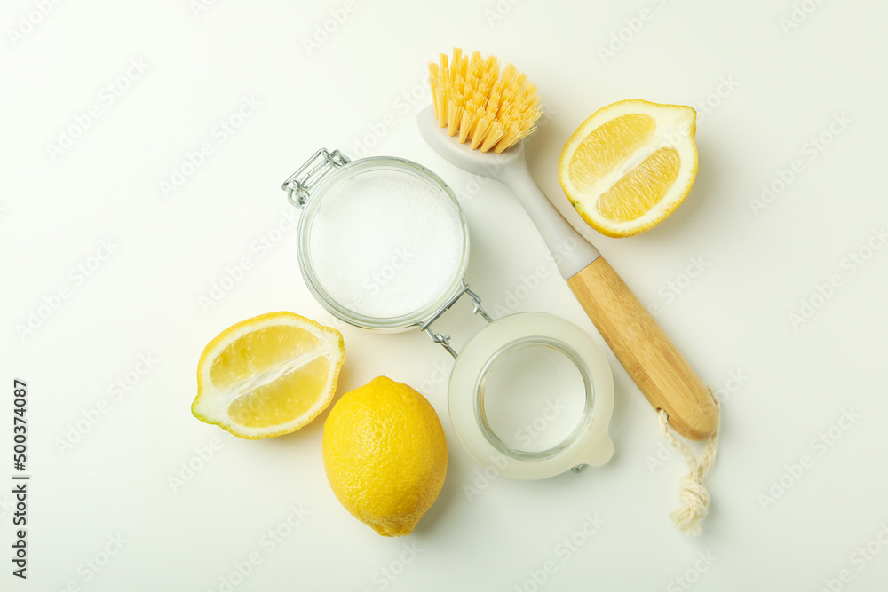Concept of cleaning products or household cleaners, top view Concept of cleaning products or household cleaners, top view