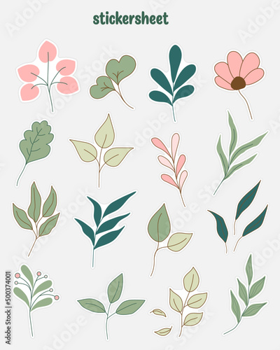 Collection of minimal leaf stickers. Planner stickers and scrapbook stickers design.
