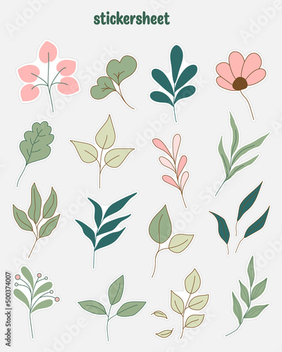 Collection of minimal leaf stickers. Planner stickers and scrapbook stickers design.