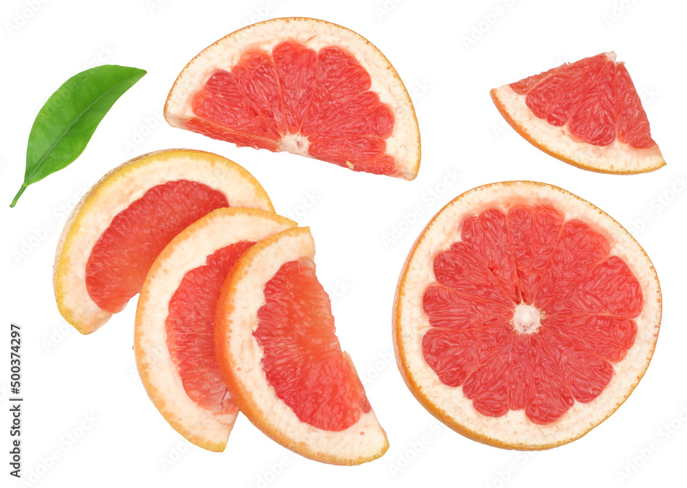 Slices of grapefruit isolated on the white background, flat lay, top view Slices of grapefruit isolated on the white background, flat lay, top view
