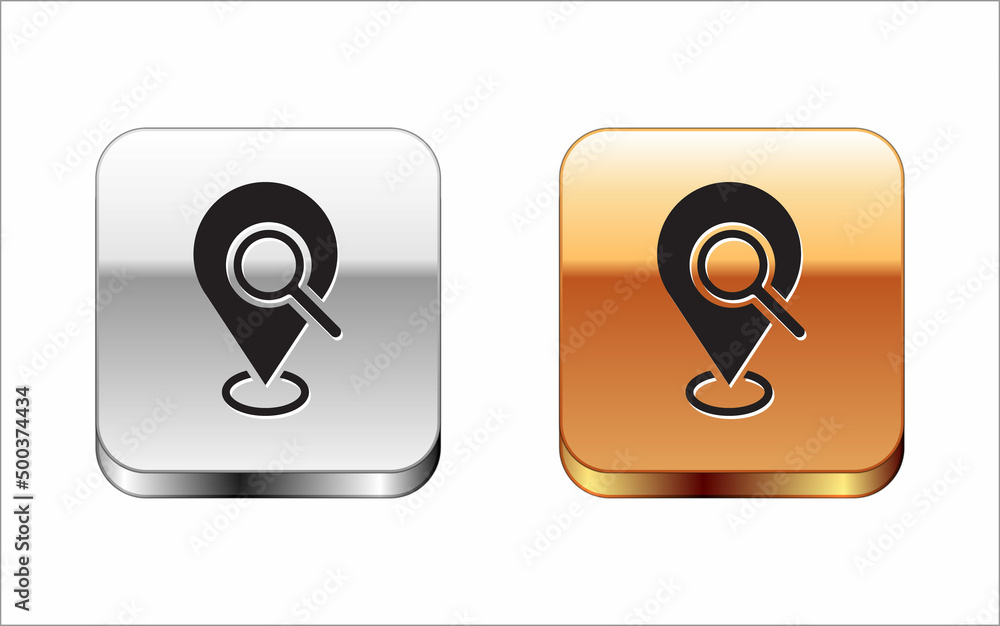 Black Search location icon isolated on white background. Magnifying glass with pointer sign. Silver-gold square button. Vector Black Search location icon isolated on white background. Magnifying glass with pointer sign. Silver-gold square button. Vector