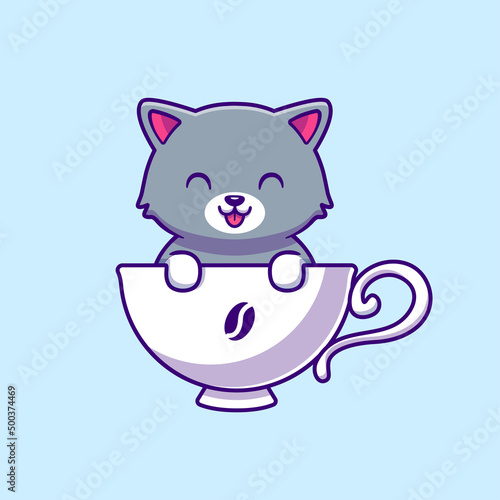 Cute Cat In Cup Coffee Cartoon Vector Icon Illustration. Animal Drink 
Icon Concept Isolated Premium Vector. Flat Cartoon Style