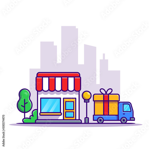 Shop Building And Delivery Truck Car Cartoon Vector Icon Illustration. Business Building Icon Concept Isolated Premium Vector. Flat Cartoon Style