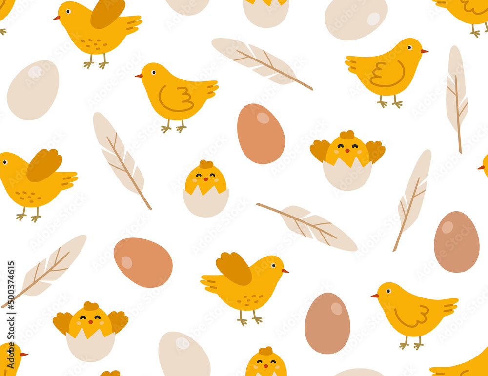 Obraz premium Seamless pattern of chicken, eggs and feathers. Hand-drawn vector birds, isolated on beige background. Spring season concept, Easter, nature.
