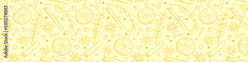 Vector seamless pattern of Christmas winter outline spices in doodle style. Xmas background or texture with seasonings. For desserts, hot mulled wine, homemade cookies, template of menu, recipes