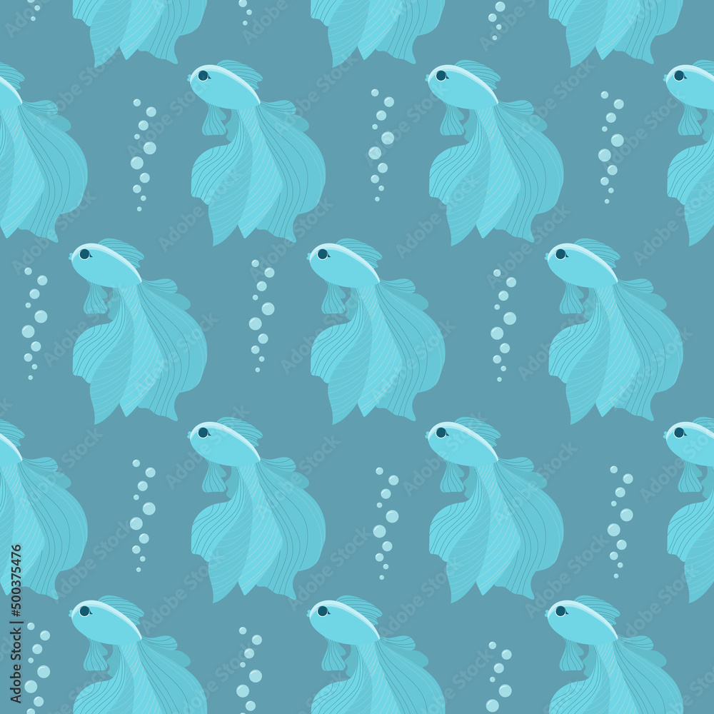 blue fish pattern. seamless pattern with sea fishes and bubbles.