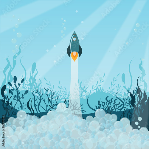 Rocket launch from the bottom of the ocean. rocket takes off underwater. bubbles from rocket takeoff underwater.