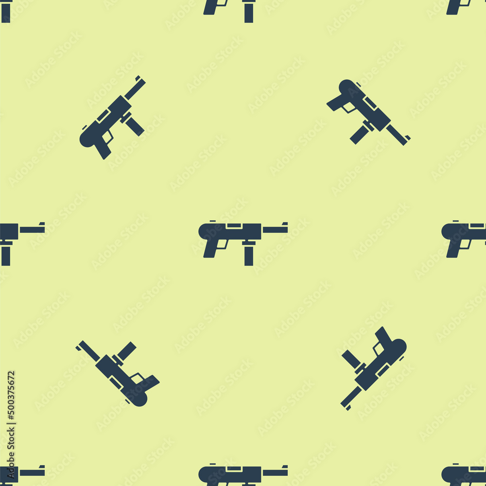 Blue Submachine gun M3, Grease gun icon isolated seamless pattern on yellow background. Vector Blue Submachine gun M3, Grease gun icon isolated seamless pattern on yellow background. Vector