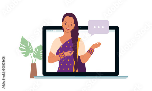 Young Happy Indian Woman With Traditional Clothing Teaching Online Classes Remotely.