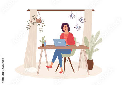 Young Woman With Her Laptop Working Remotely At Her Cozy Home. 