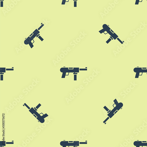 Blue Submachine gun M3, Grease gun icon isolated seamless pattern on yellow background. Vector