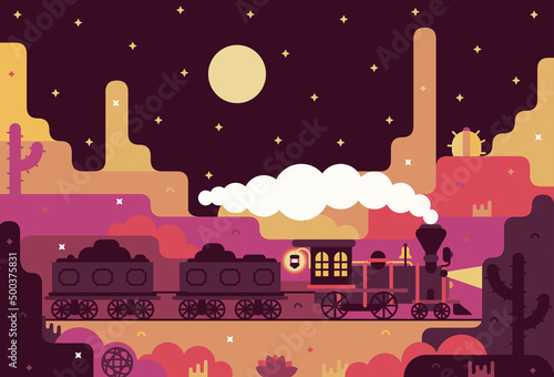Historic old steam locomotive in flat stile.Engine with freight wagons rides through the desert, vector illustration