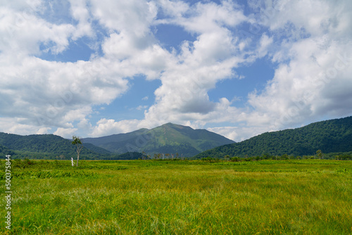 夏の尾瀬で撮影した緑生い茂る草原と山々と、空と雲