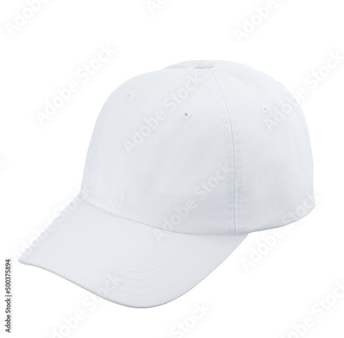 White textile baseball cap with a visor, isolated on a snow-white background.