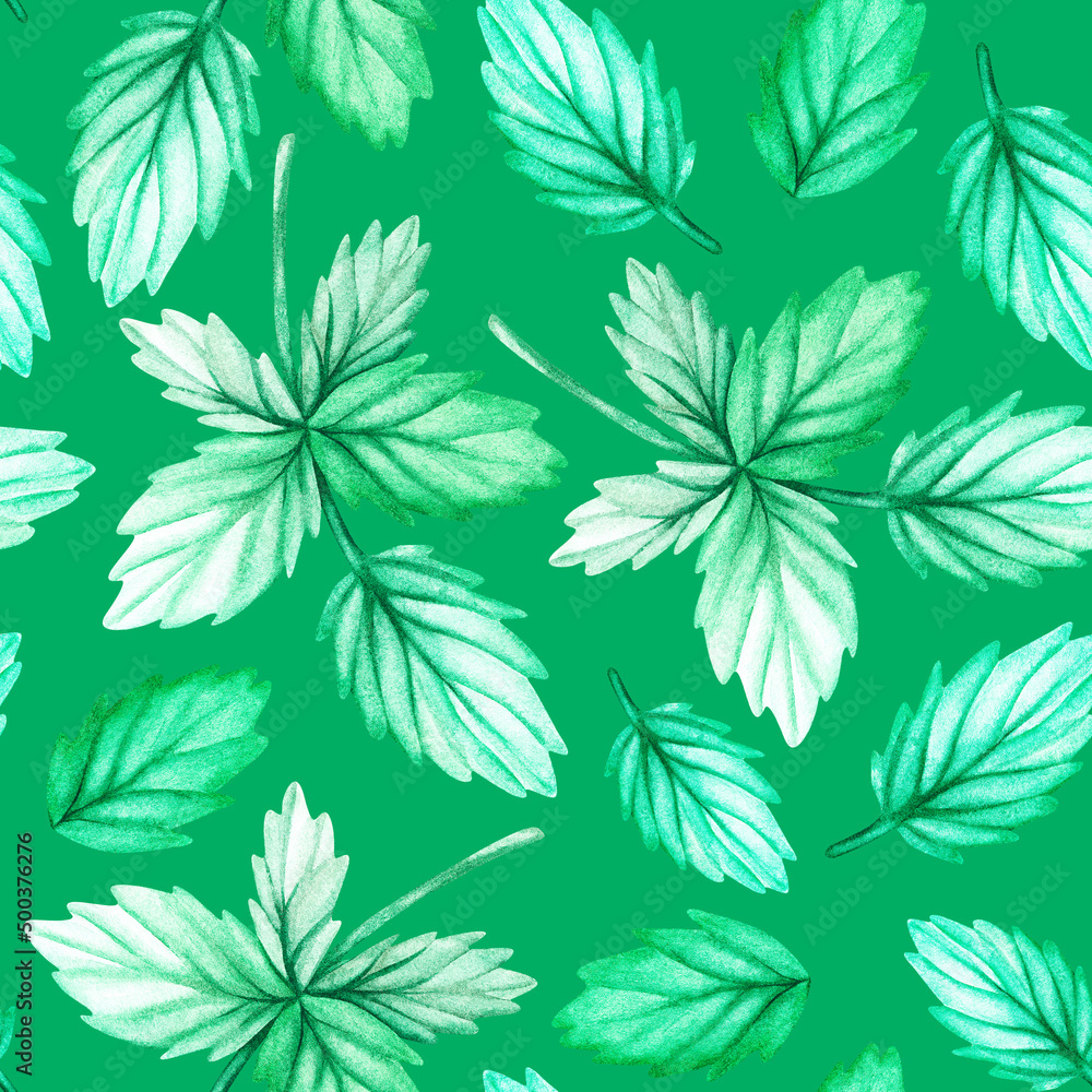 Leaf seamless pattern. Watercolor illustration. Isolated on a green background. For design.