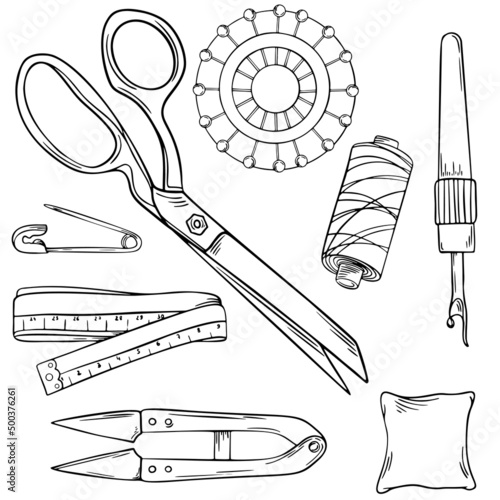 Sewing Tools Set, One Line Drawing, Single Continuous Line Sketch