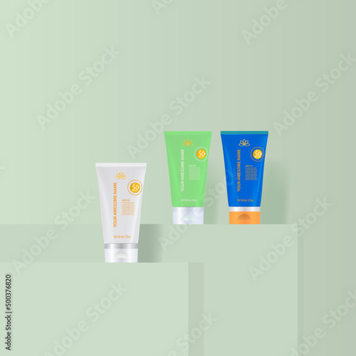3 sun screen tube on green background vector illustration