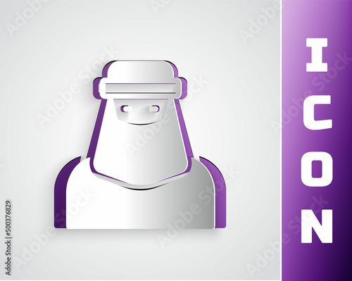 Paper cut Muslim woman in niqab icon isolated on grey background. Paper art style. Vector