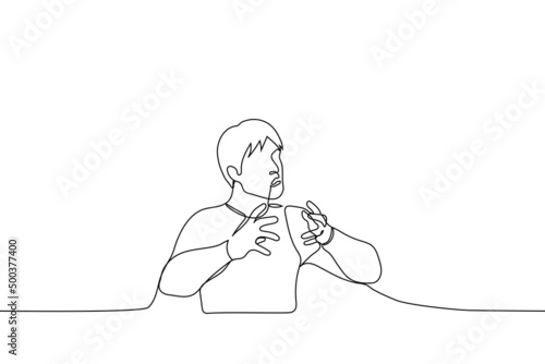 man actively gesticulating something explaining - one line drawing vector. emotional speech concept, passionate storyteller, charismatic speaker