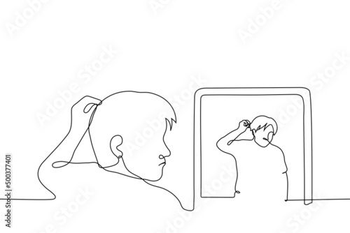 man stands in front of a mirror and touches his hair - one line drawing vector. concept of messed up hair, hair loss or male pattern baldness