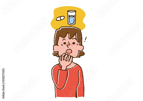 薬を飲み忘れたことに気がついた女性 コミカルな手書きの人物　ベクター、線画にカラー