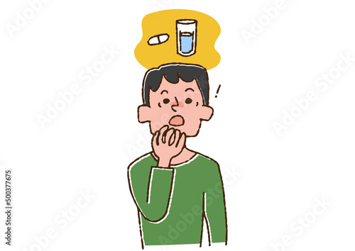 薬を飲み忘れたことに気がついた男性 コミカルな手書きの人物　ベクター、線画にカラー