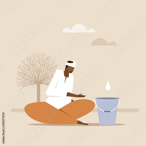 Illustration of an Indian farmer waiting for rain drop in his farmland