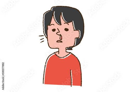鼻血が出ている女性 コミカルな手書きの人物　ベクター、線画にカラー