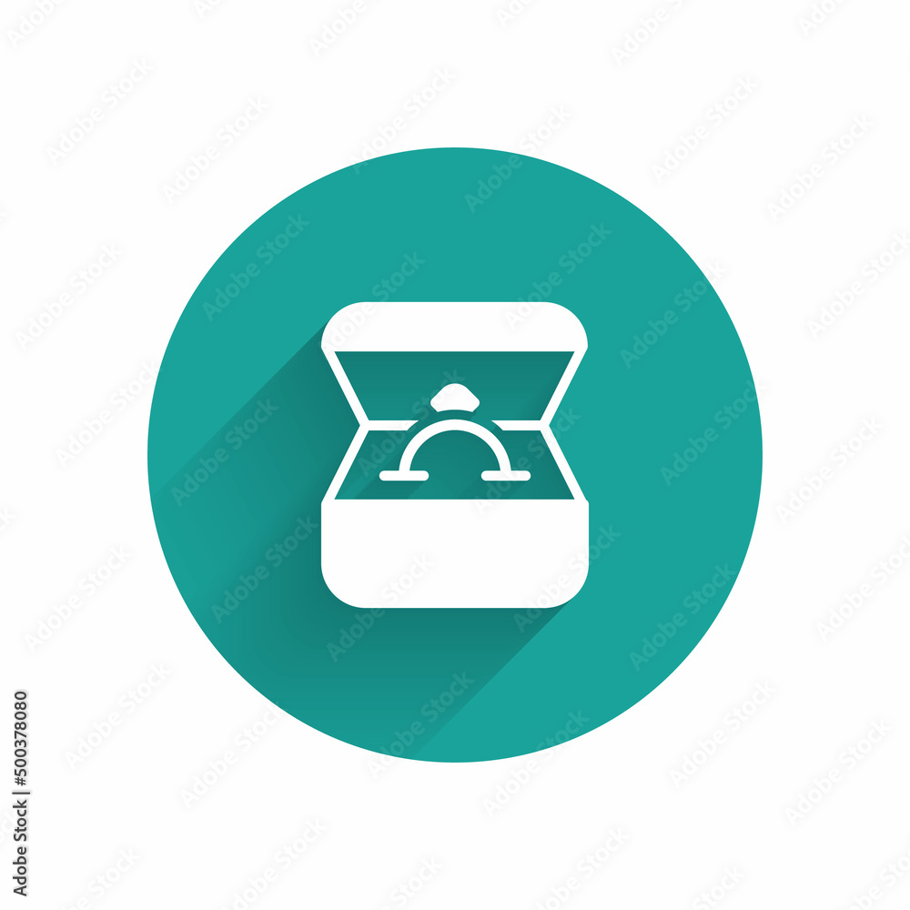 White Diamond engagement ring in a box icon isolated with long shadow background. Green circle button. Vector White Diamond engagement ring in a box icon isolated with long shadow background. Green circle button. Vector