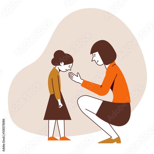 A woman comforts her sad daughter. Support and help vector scene.