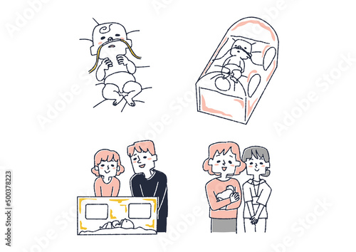 未熟児に関するイラストセット コミカルな手書きの人物　ベクター、線画にカラー