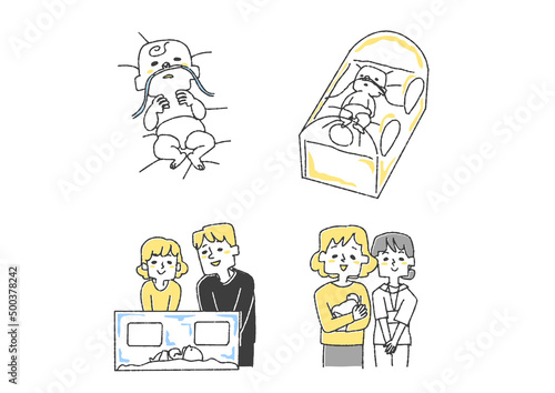 未熟児に関するイラストセット コミカルな手書きの人物　ベクター、線画にカラー