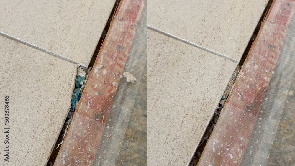 Before and after. Repair a broken corner of a beige marble floor Before and after. Repair a broken corner of a beige marble floor