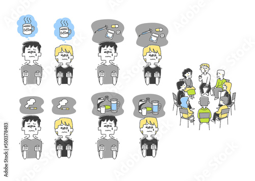 依存症と闘う人々のセット コミカルな手書きの人物　ベクター、線画にカラー