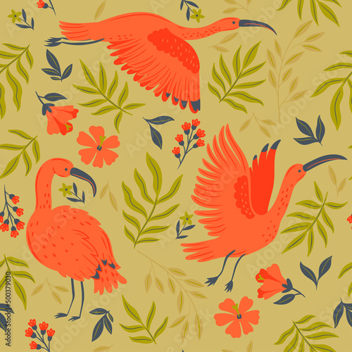 Seamless pattern with ibises, flowers and leaves. Vector graphics.