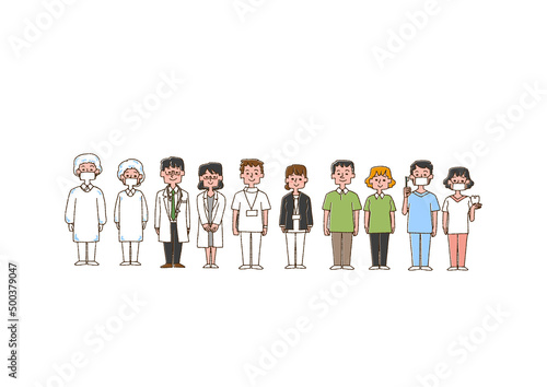 いろんな医療従事者 コミカルな手書きの人物　ベクター、線画にカラー
