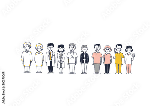 いろんな医療従事者 コミカルな手書きの人物　ベクター、線画にカラー
