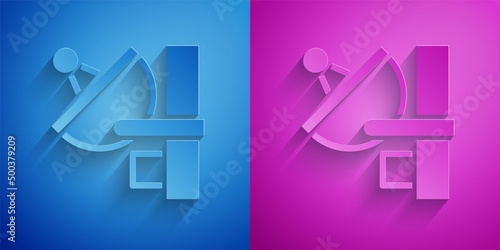 Paper cut Radar icon isolated on blue and purple background. Search system. Satellite sign. Paper art style. Vector