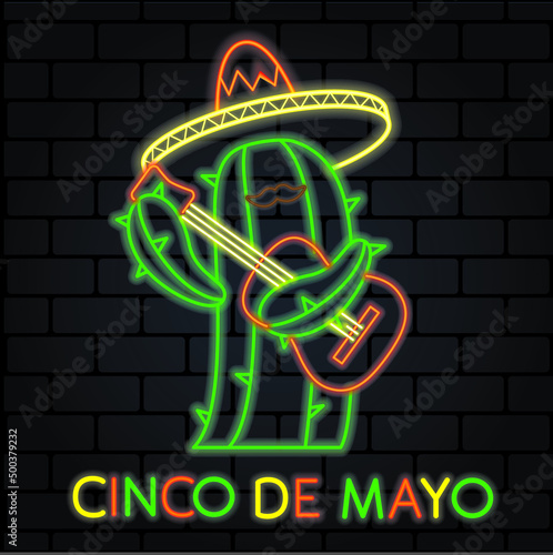 Neon mexican cactus with guitar and in sombrero.Text fifth of May in Spanish. Vector illustration.