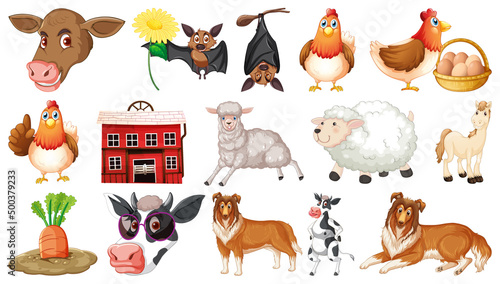 Set of farm animals on white background