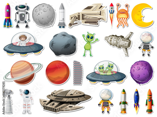 Sticker set of outer space objects and astronauts