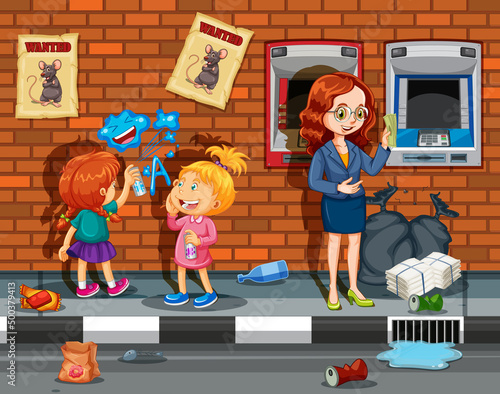 Garbage on street scene with people