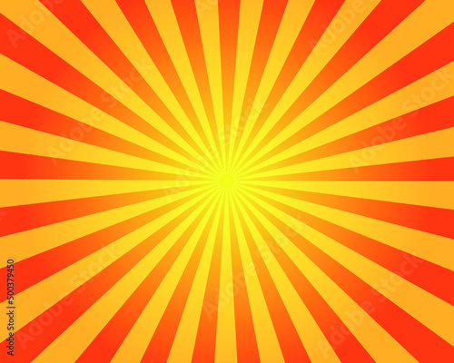 Sunbeam abstract background. Symmetrical radial yellow and orange sun rays. Ornamental manga pattern vector illustration . Summer poster 