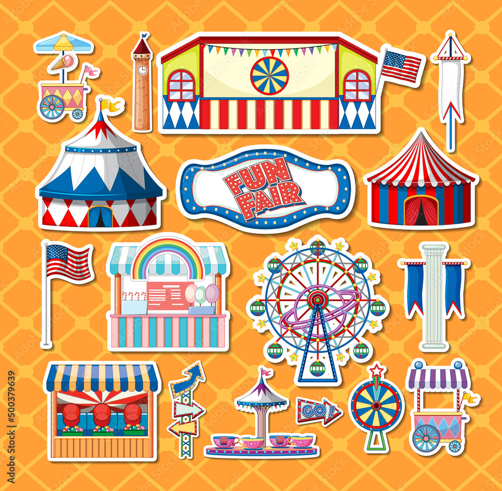 Sticker set of amusement park objects and cartoon characters Sticker set of amusement park objects and cartoon characters