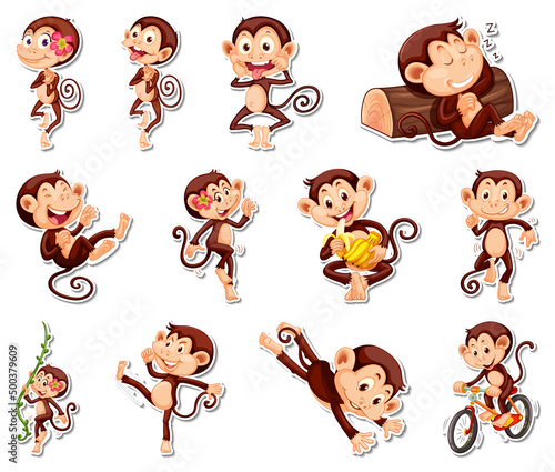 Sticker set of funny monkey cartoon characters