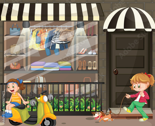 Street scene with people at the shop