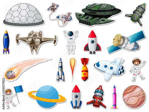 Sticker set of outer space objects and astronauts